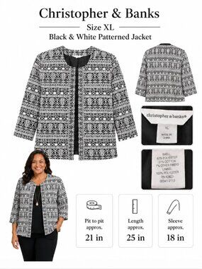 Christopher & Banks Geometric Print Open Front Jacket XL Black White Lined